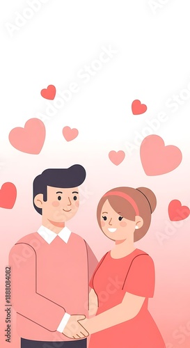Happy cartoon couple holding hands and smiling surrounded by hearts on gradient pink background