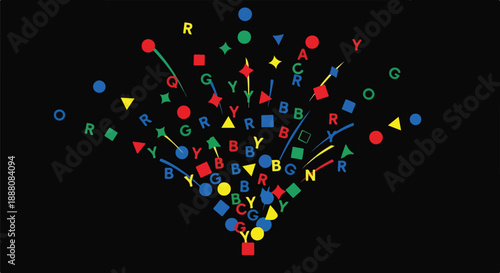 Abstract digital explosion of vibrant primary and secondary colored shapes and letters against a dark background, representing data, ideas, or creative energy.