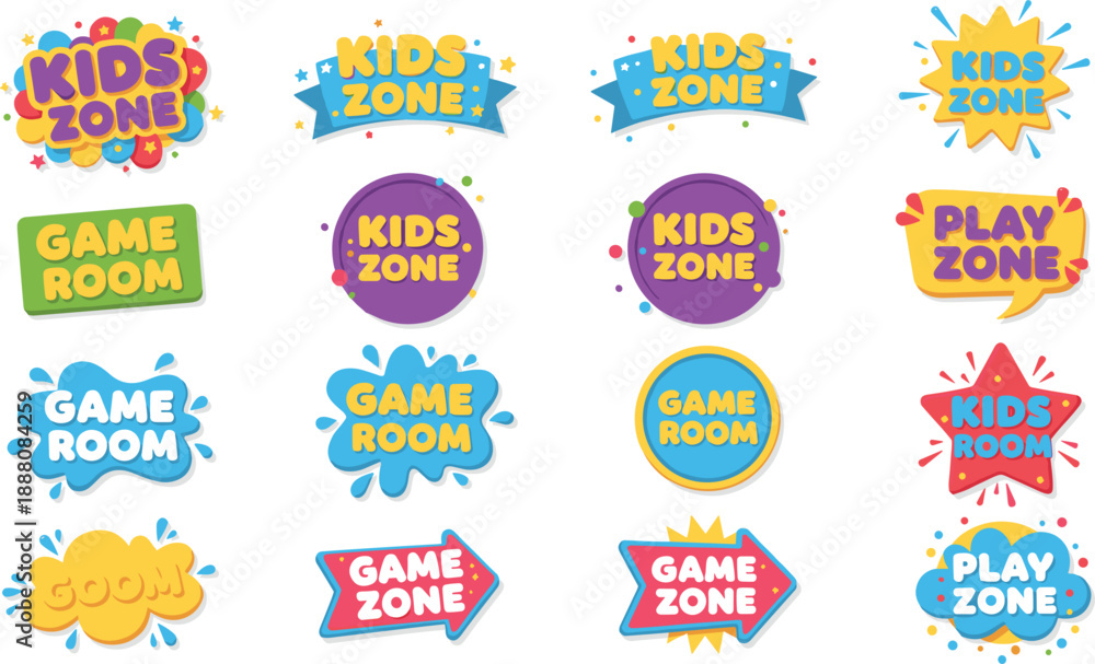 Fototapeta premium Kids zone and game room logo set with colorful playful badges for children entertainment branding vector illustration