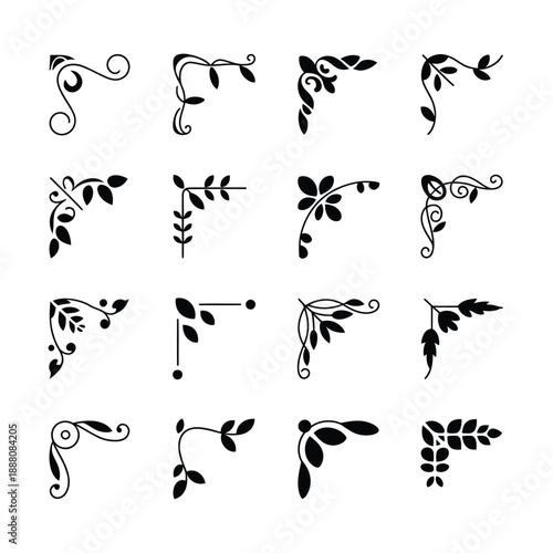 Collection of ornate black floral corner designs and decorative swirls