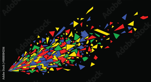 Abstract vector illustration of vibrant red, blue, green, and yellow triangles bursting and scattering across a dark background, dynamic design.