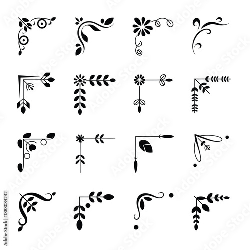 Collection of ornate black floral corner designs and decorative elements