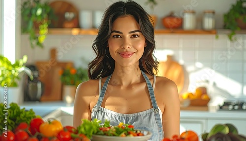 Beautiful young woman smiling while presenting a fresh and healthy salad in her modern kitchen, promoting a nutritious lifestyle and home-cooked meals