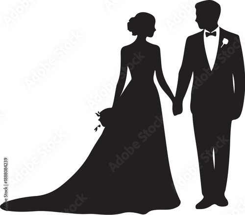 Silhouette of bride and groom holding hands wedding