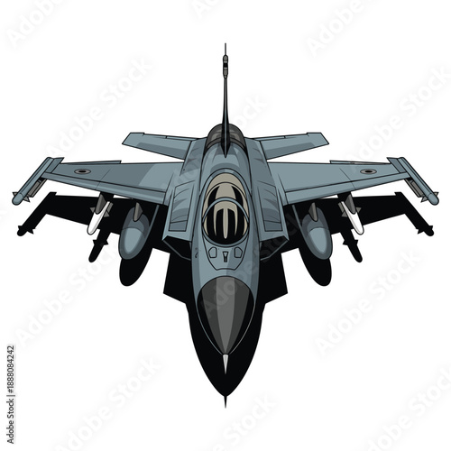 Illustration of a gray fighter jet viewed from directly below