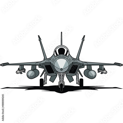 Front view of a gray fighter jet with landing gear deployed
