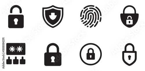 Collection of black and white cybersecurity icons including padlocks shields and biometric fingerprint