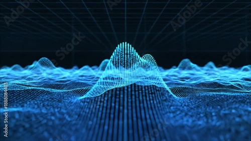 Abstract blue digital landscape with glowing particle mountains and a dark grid background evoking futuristic data visualization and technological advancement