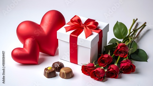 Romantic gift arrangement with red roses bouquet and chocolates and shiny hearts near white gift box with red ribbon