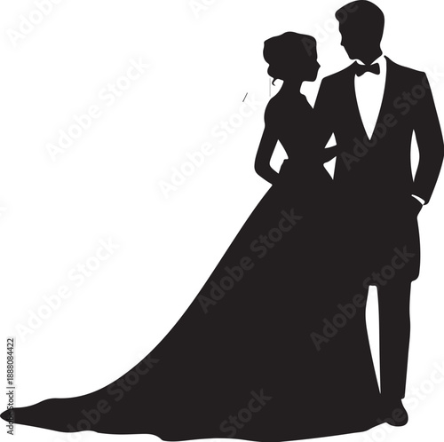 Silhouette of bride and groom in wedding attire dress