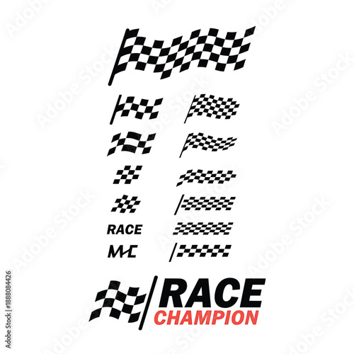 A collection of checkered flags and race themed graphic elements