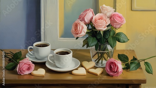 Two cups of coffee and a vase of pink roses on a wooden table with heartshaped cookies