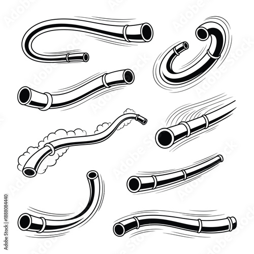 Various metallic pipe segments and curved fittings in a sketch style