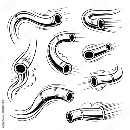 Black and white illustration of curved metal pipes with speed lines