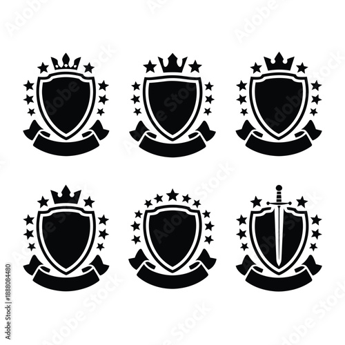 Black heraldic shields and crowns with stars a vector illustration