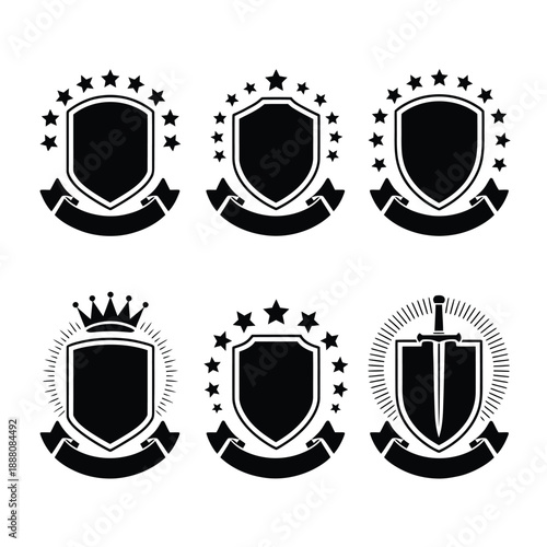 Collection of black and white heraldic shields and decorative emblems