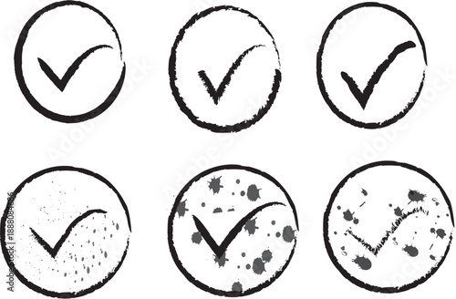 Set of hand drawn check mark icons in circles with grunge texture and ink splatters