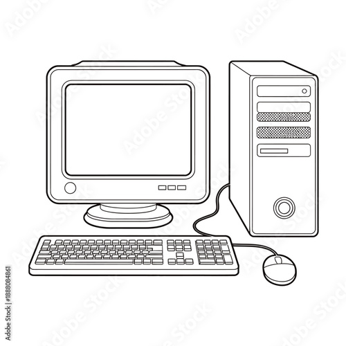 Line art illustration of a desktop computer with monitor keyboard and mouse
