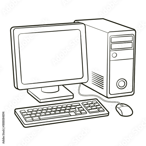 Simple line drawing depicts a computer monitor tower keyboard and mouse