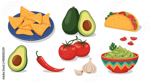 Mexican food elements like nachos, avocado, taco, guacamole, and chili peppers are arranged as a delicious culinary flat lay design.