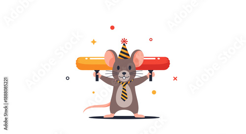 Fun cartoon mouse wearing a party hat and a striped tie while holding two large hot dogs for a festive celebration or food concept.
