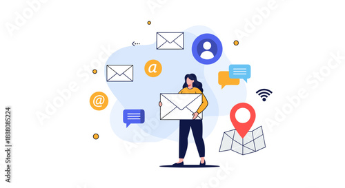Woman holding a large envelope is surrounded by floating icons for email, map location, chat, and wifi for digital communication.