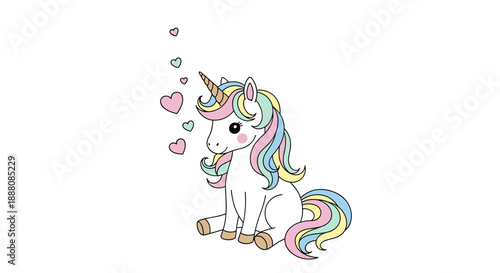 Beautiful white unicorn with a rainbow mane sits peacefully surrounded by floating pink and green hearts in a magical illustration.