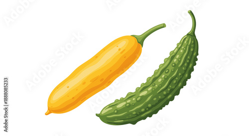 Pair of bitter melon vegetables with one green bumpy skin and one smooth yellow skin are isolated on a white background for cooking.