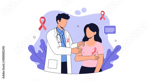 Male doctor in a white coat examines a female patient for breast cancer awareness with pink ribbons and speech bubbles in background.