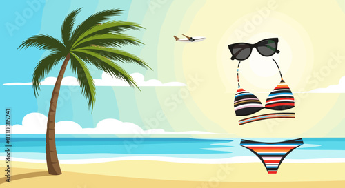 Tropical beach landscape features a palm tree, a flying airplane, and a floating bikini with sunglasses for summer travel concepts.
