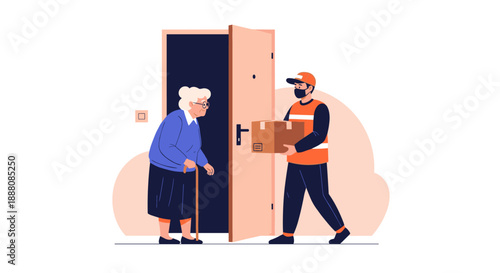 Delivery man wearing a protective face mask hands over a cardboard box to an elderly woman at her doorstep for safe courier service.