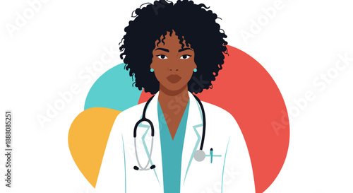 Professional black female doctor wearing a white lab coat and a stethoscope stands against a colorful background for medical care.