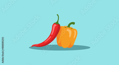 Spicy red chili pepper and a sweet yellow bell pepper are placed together on a blue background for fresh vegetable cooking concepts.