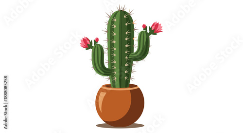 Tall green cactus with sharp needles and blooming pink flowers grows in a brown ceramic pot isolated on a white background for decor.