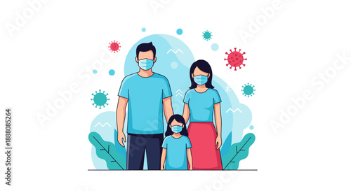 Family of three wearing protective face masks stands together against a backdrop of floating virus icons for healthcare awareness.