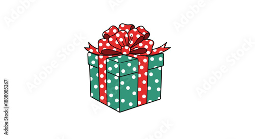 Green gift box with white polka dots and a large red decorative bow for Christmas birthday or anniversary celebration.