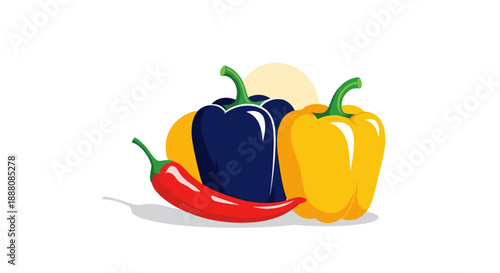 Assorted fresh bell peppers and a spicy red chili pepper for healthy cooking and culinary recipes on a white background.