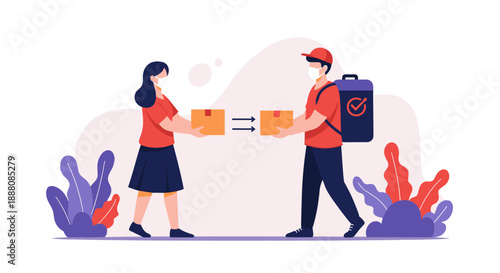 Delivery service worker wearing a face mask handing a package box to a female customer for a safe contactless shipping concept.