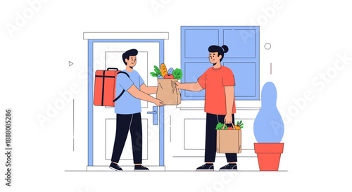 Friendly courier delivering a bag of fresh groceries to a woman at her home door for convenient online grocery shopping.