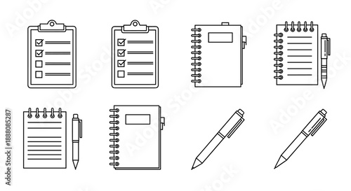 Large set of black and white outline icons representing various notebooks clipboards and pens for office work and study.
