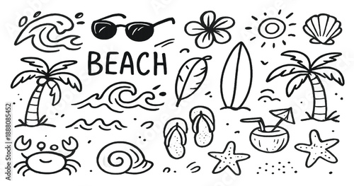 hand-drawn summer beach doodle illustration featuring palm trees, waves, surfboards, sunglasses, crabs, shells, starfish, coconut drinks, and tropical elements. Playful line art style perfect
