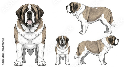 Detailed Saint Bernard Dog Breed Profile Vector Illustration Sheet: Multiple Poses and Anatomical Views for Veterinary, Educational, or Pet Design Projects Isolated on White Background