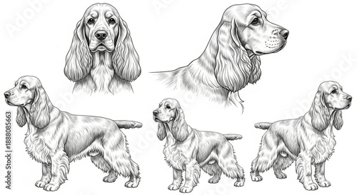 Detailed Hand-Drawn Cocker Spaniel Poses Vector Illustration Set: Realistic Sketch Art of Purebred Dog Head and Full Body Profiles for Pet Lovers and Breeders