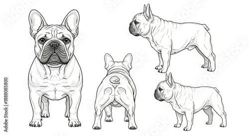 Detailed French Bulldog Line Art Vector Illustration Set showing Front, Back, and Side Profile Views. Perfect for breed guides, pet branding, and coloring pages.