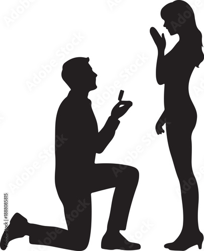 Silhouette of man proposing with ring to woman