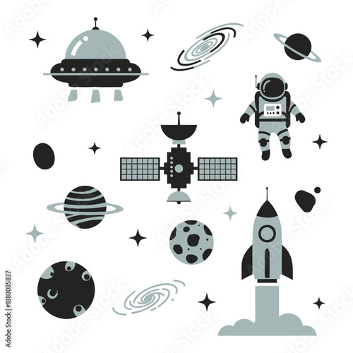 Space exploration icons set with astronaut rocket satellite UFO planets and galaxies vector illustration