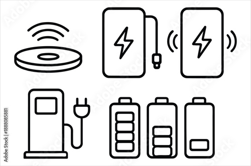 Line art icons depicting wireless charging power outlets and various battery types high quality