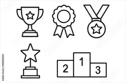 A collection of black and white line art icons representing awards achievements and competition