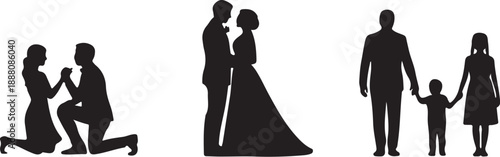 Silhouettes of couple proposing, wedding, and family holding hands