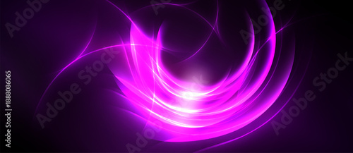 Bright purple abstract lines swirl, creating luminous energy. Dark background emphasizes vibrant central glow.